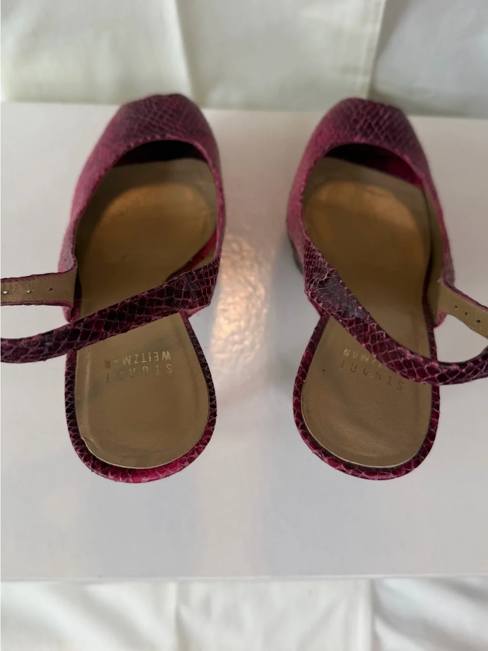 Stuart Weitzman Fuchsia Snakeskin Peep-Toe Slingback Heels